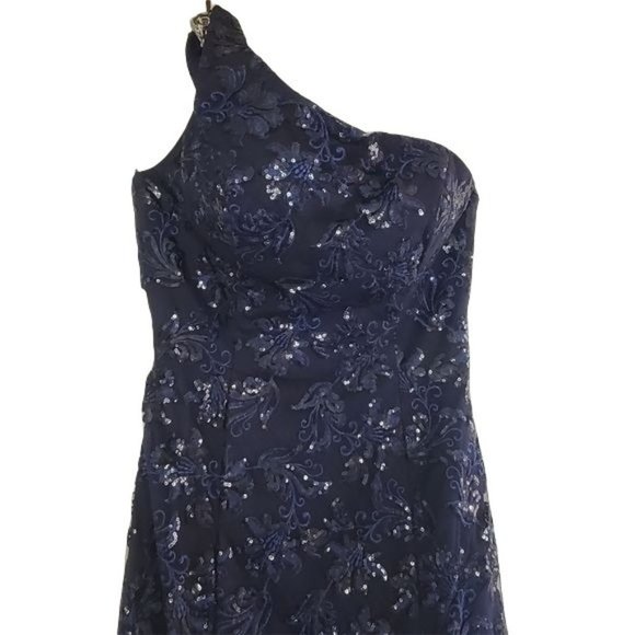 LUXURY ONE SHOULDER NAVY SEQUIN MAXI DRESS SZ S - Picture 8 of 16